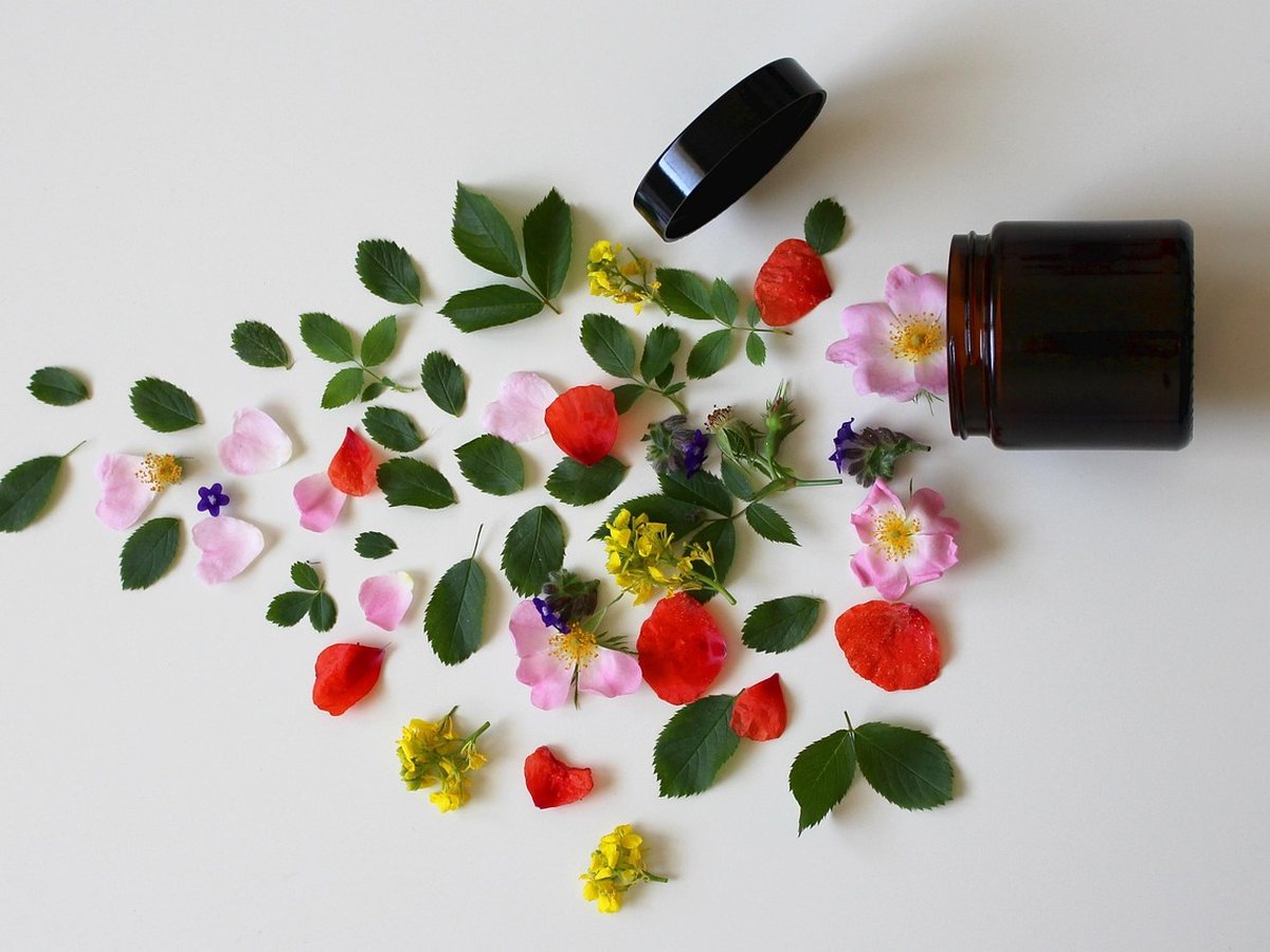 Produits de soin naturels entourés de fleurs